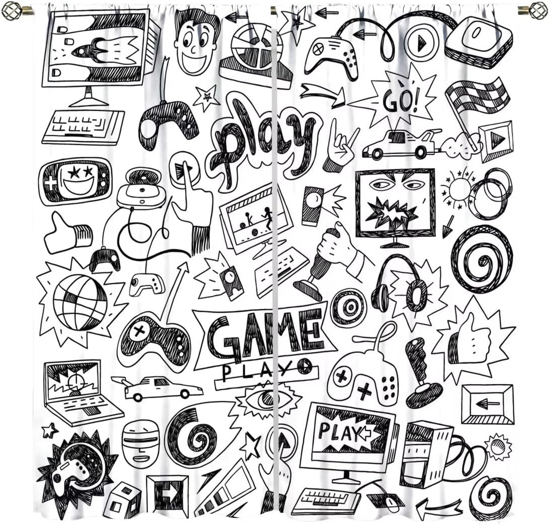 Retro Gaming Youtube - ผ้าม่านตกแต่งห้องเกมเมอร์ ลายวิดีโอเกม ผ้าม่านหน้าต่างสไตล์เรโทร อาร์เคด คอมมิค สเก็ตช์